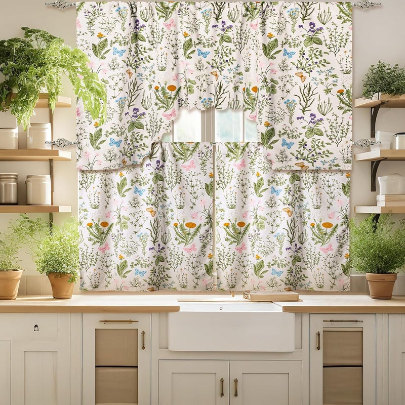 Remagr Spring Kitchen Curtains 3 Pieces Set Plants and Flowers Window Curtains and Valance for Kitchen Bedroom Living Room Cafe Windows Spring Home Decor 60'' x 36'' Valance & 36'' x 30'' x 2 Panels - Image 2